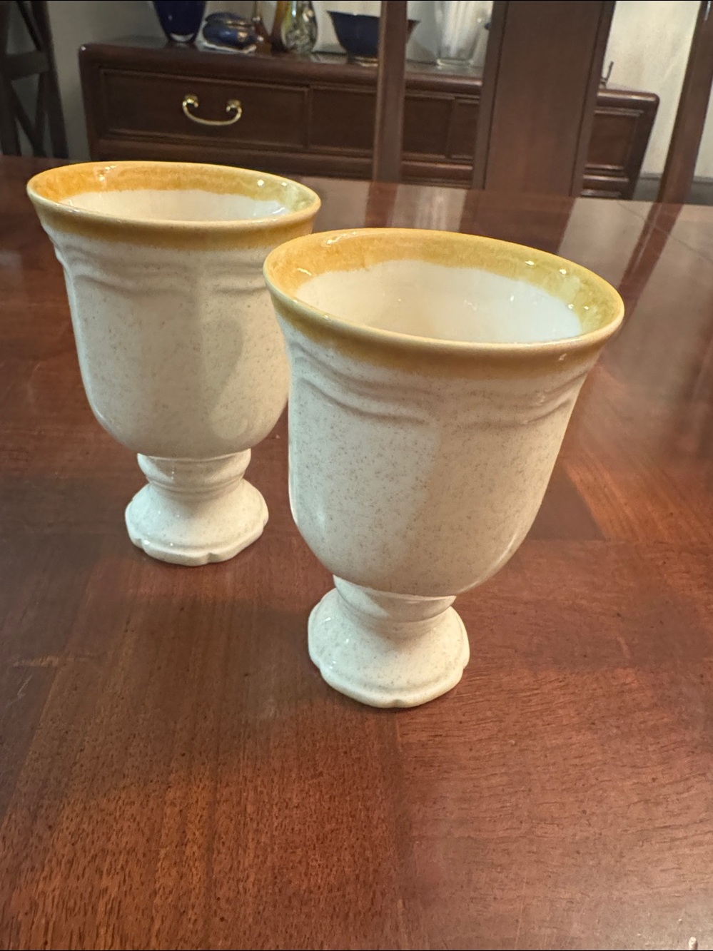 Mikasa Stoneware Pedestal Goblets Set 2 Speckled Ivory Ochre Rim Rustic